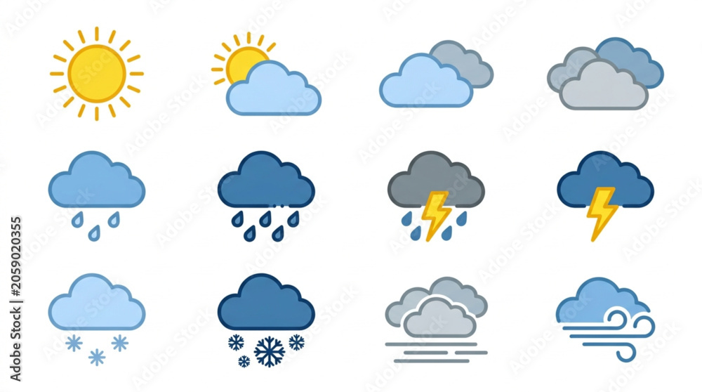 Obraz premium Collection of weather icons representing different atmospheric conditions.