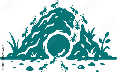 Fotografie Teal illustration of ants and an anthill with grass and rocks