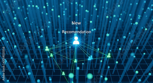 AI recommendation system connecting user profiles in a futuristic digital network. Big data analysis, social networking, and technology concept.