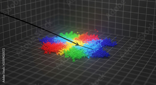 Abstract digital representation of scattered colorful particles forming a vibrant spectrum on a grid, with an arrow indicating a ray of light.