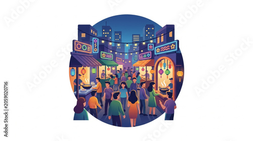 Quadro em tela Crowded City Street at Night with Neon Signs.