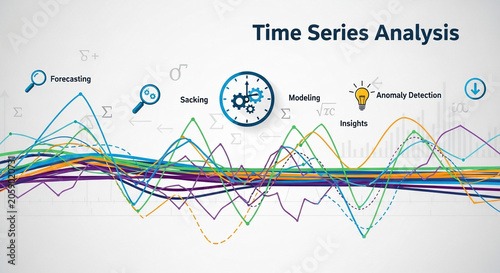 Time Series Analysis concept with data visualization, forecasting, modeling, and anomaly detection. Business intelligence and trend prediction.