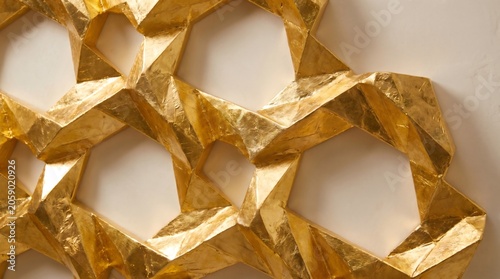 Abstract 3D Gold Geometric Honeycomb Pattern Made of Crumpled Foil, Origami Style Structure Isolated on Solid Background