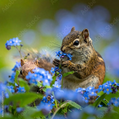 A small brown squirrel eating blue flowers in a garden with greenery