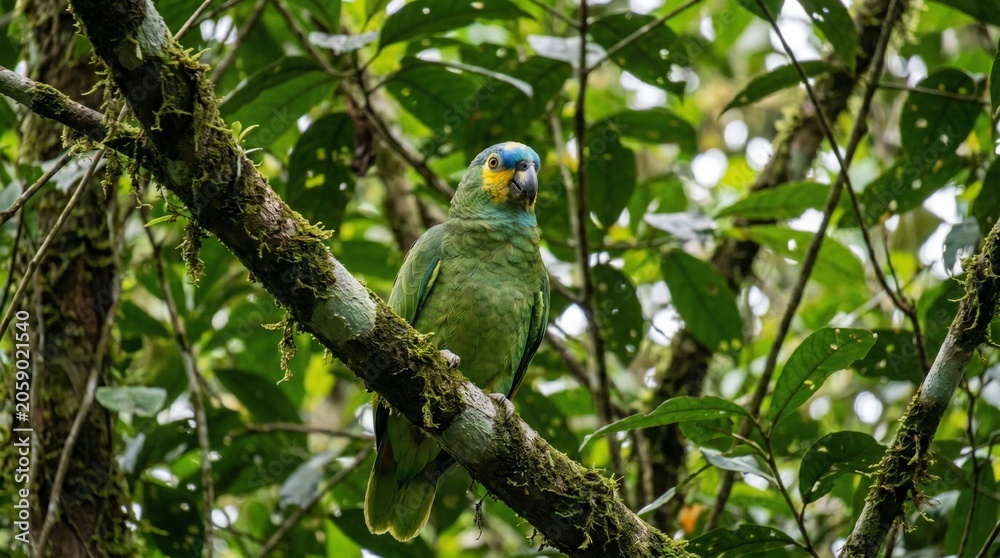Obraz premium A beautiful turquoise-fronted amazon parrot perching attentively on a mossy tree branch deep within lush green tropical rainforest foliage
