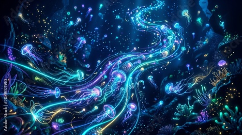 Bioluminescent jellyfish swimming in the deep dark ocean creating a magical glowing underwater scene.