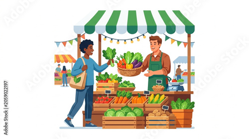 фотографія Farmer selling fresh produce to a customer at a market stall.