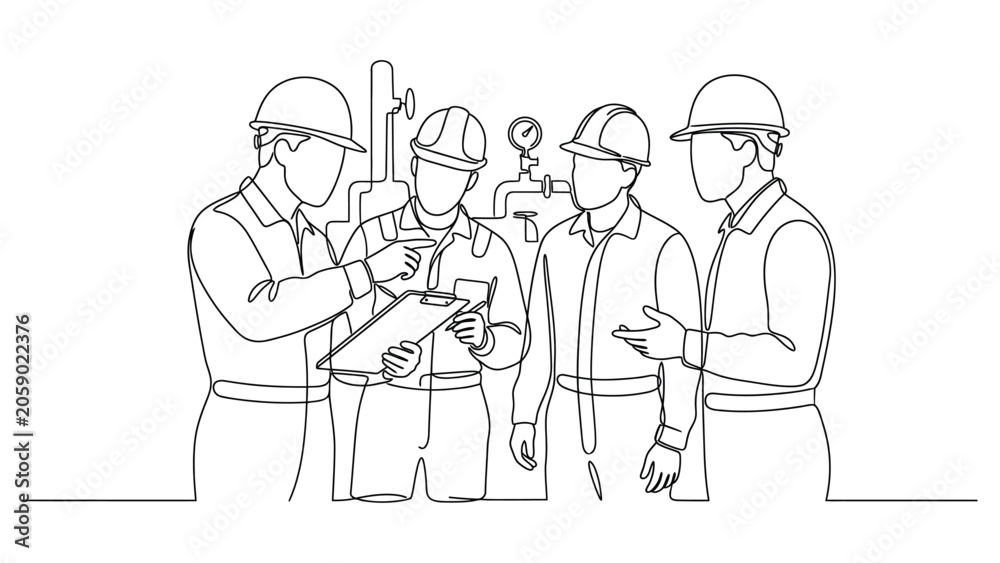 Obraz premium Four construction workers discussing a plan.