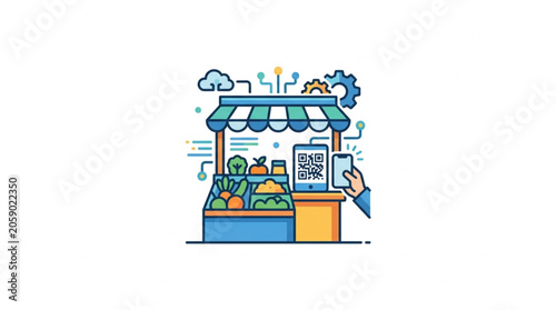 Bild auf Leinwand Digital payment at a fresh produce market stall illustration.