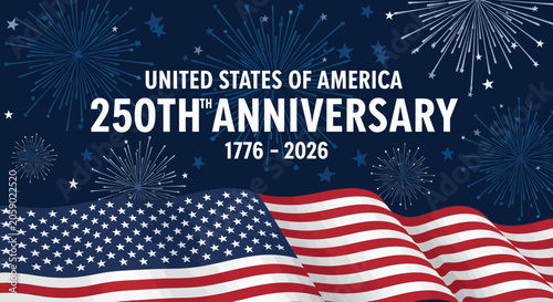 United states 250th anniversary commemoration graphic with fireworks and american flag