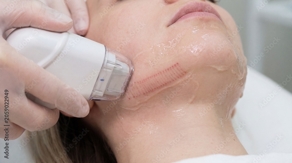 Naklejka premium HIFU skin tightening treatment on woman's jawline