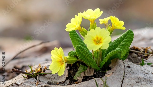 A small cluster of vibrant yellow flowers with green leaves growing out of dry, cracked earth