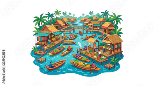 Floating Market Scene with Boats and Stalls.