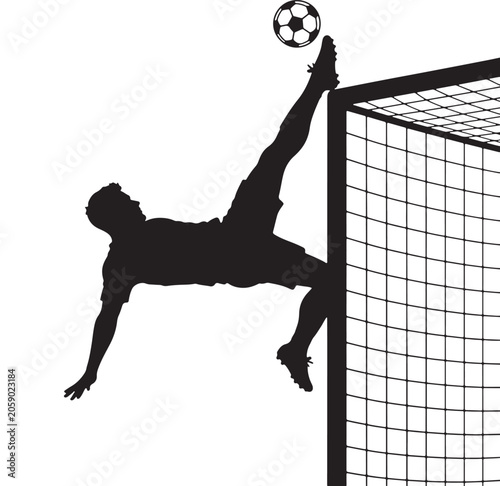 Soccer player silhouette performs a bicycle kick towards the goal post during a match.