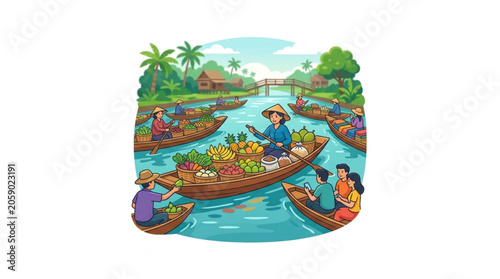 Foto Floating Market Scene With Boats Full of Produce and People.