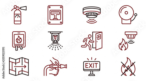 Fire Safety Equipment and Symbols Collection Icons.