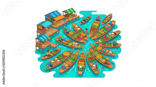 Floating Market Scene with Boats and Stalls.