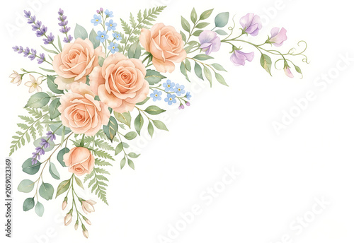 Romantic Peach Rose Watercolor Corner Bouquet Template, created with generative AI technology