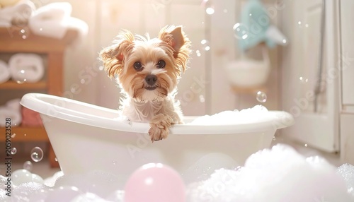 A small dog playfully sits in a bubble-filled bathtub