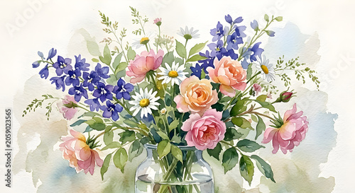 Beautiful Watercolor Wildflowers Bouquet in Elegant Glass Vase, created with generative AI technology