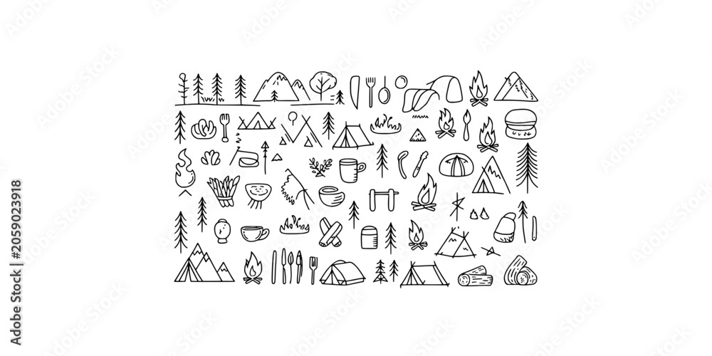 Obraz premium Camping Icons Featuring Tents, Trees, Mountains, and Outdoor Gear in a Hand-Drawn Style Featuring Illustration, Nature, Hiking with Backpacking And