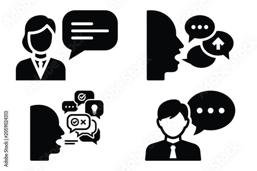 learning feedback vector icon set. speaking silhouette icons illustration and solid black style