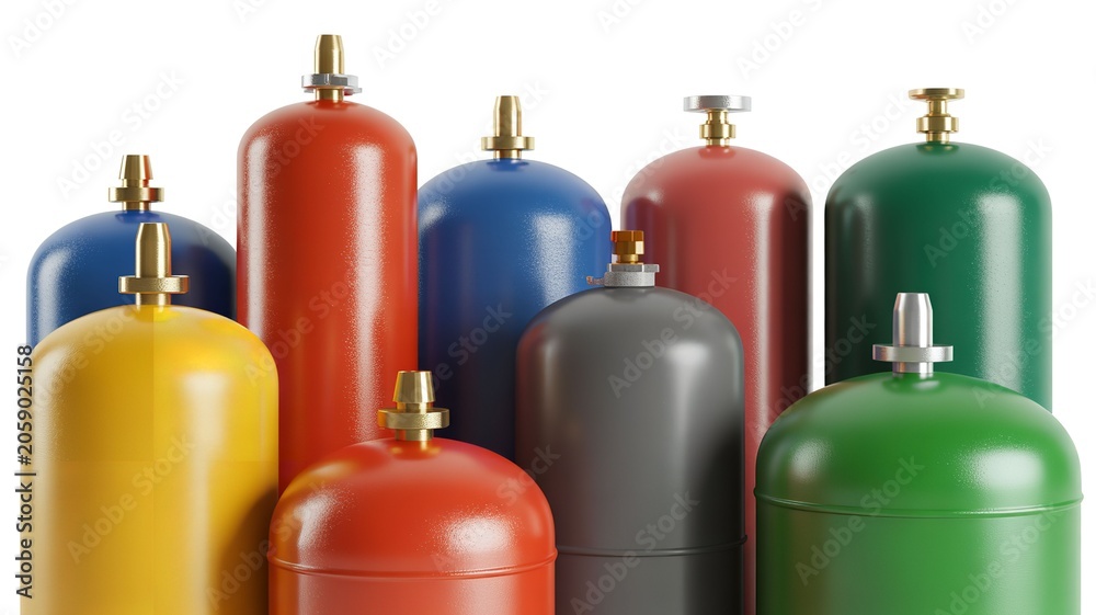 Obraz premium Colorful Propane Gas Cylinders Row Arranged on White Background Minimalist Composition