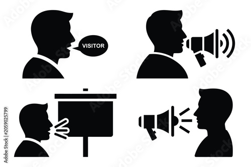visitor notice vector icon set. speaking silhouette icons illustration and solid black style