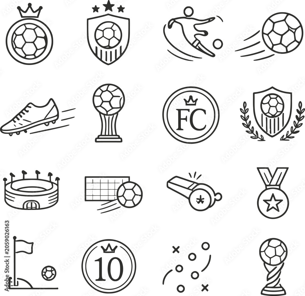 Fototapeta premium Set of football world cup line icons illustrating soccer championship elements