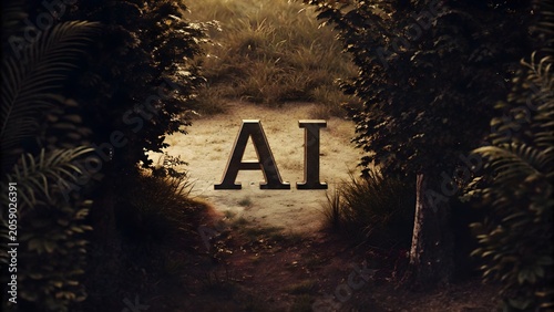 Artificial intelligence conceptual text placed in nature forest path setting with intelligence artificial technology innovation computer learning development woodland background advanced