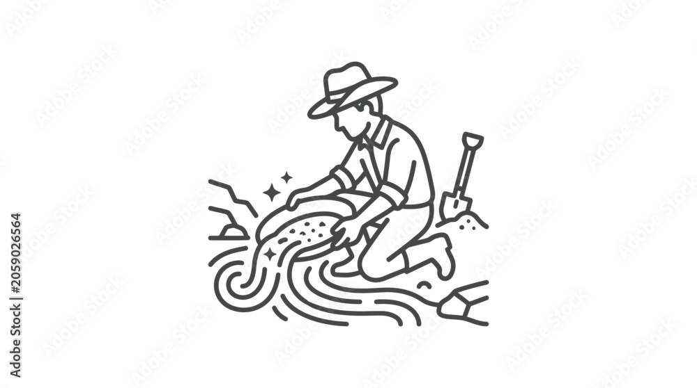 Fototapeta premium Traditional miner panning for gold in stream illustration.