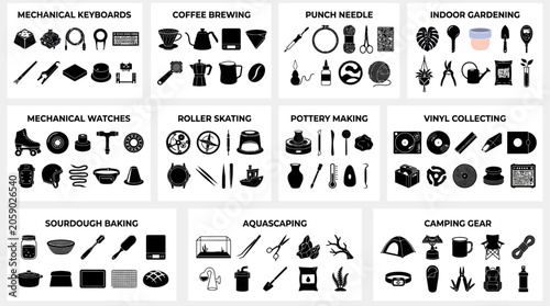 Foto Hobbies and leisure activities icons set.