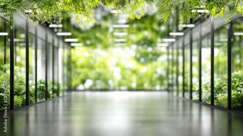 Fototapeta premium Modern interior hallway integrates lush greenery for a sustainable workspace environment