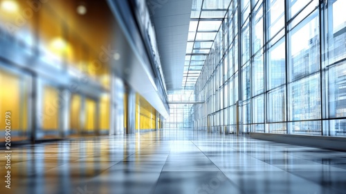 Modern architectural interior features a long, brightly lit, glass-walled hallway with reflective flooring.