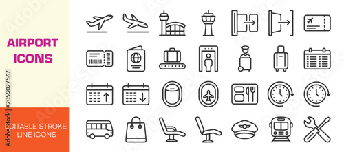 Obraz na płótnie Airport & Aviation Outline Icons Set – Editable Vector Line Icon Collection