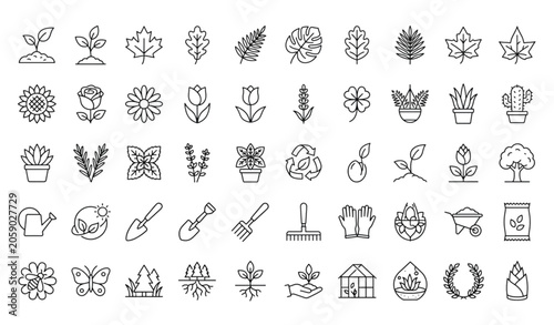 Foto Plant Thin Line Icon Set with Leaves Flowers Gardening and Botanical Growth Symb