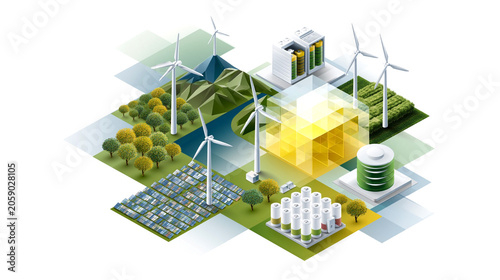 Isometric renewable energy ecosystem with wind turbines, solar panels and battery storage, smart grid technology and sustainable clean power infrastructure concept