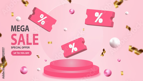 3D Mega Sale Banner with Floating Discount Coupons on Pink Background