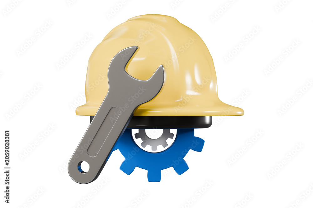 Fototapeta premium 3d hard hat wrench gear icon. construction maintenance concept. minimal cartoon safety helmet cogwheel for engineering marketing. isolated on white transparent background. 3d render.