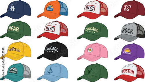 Colorful Baseball Cap Collection Set with City and Vintage Logo Designs Including NYC, Chicago, Boston, and Route 66 Vector Illustrations
