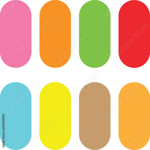 Flat lay of minimalist colorful rounded capsule swatches on white background