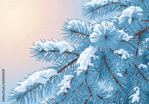 Close up vector illustration of blue pine tree branches covered in thick white snow against a soft pastel pink and blue winter sky background during sunrise or sunset.