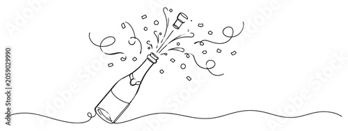 Simple continuous line drawing of a champagne bottle popping with confetti and streamers, symbolizing celebration, success, party, and festive moments.