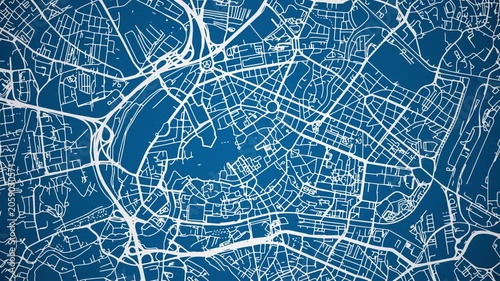 Ink reveal animation of Strasbourg, Bas-Rhin, Grand Est, France grid map. Aerial top view. Blueprint style. White lines with blue background. 4K Seamless loop.