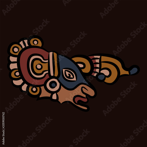 Fantastic human head in profile. Native American art of Mayan Indians. On dark background.