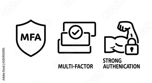 Security icons for mfa multi-factor and strong authentication with security authentication protection verification identity cybersecurity technology validation password encryption software