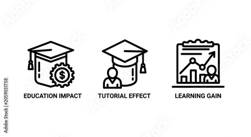 Education impact and learning gain analytics icons with education learning tutorial analysis academic graduation business knowledge university development training progress achievement