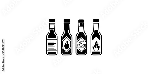 Hot Sauce Bottles with Labels and Flame Icons in a Row Featuring Spicy, Condiment, Food with Vector and Illustration Elements for Black and White,