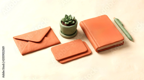 Orange stationery set with envelope notebook business card and succulent plant stationery envelope notebook succulent branding identity business minimalist