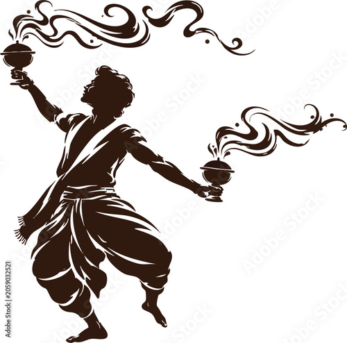 Traditional Dhunuchi Dance Silhouette with Sacred Incense Smoke